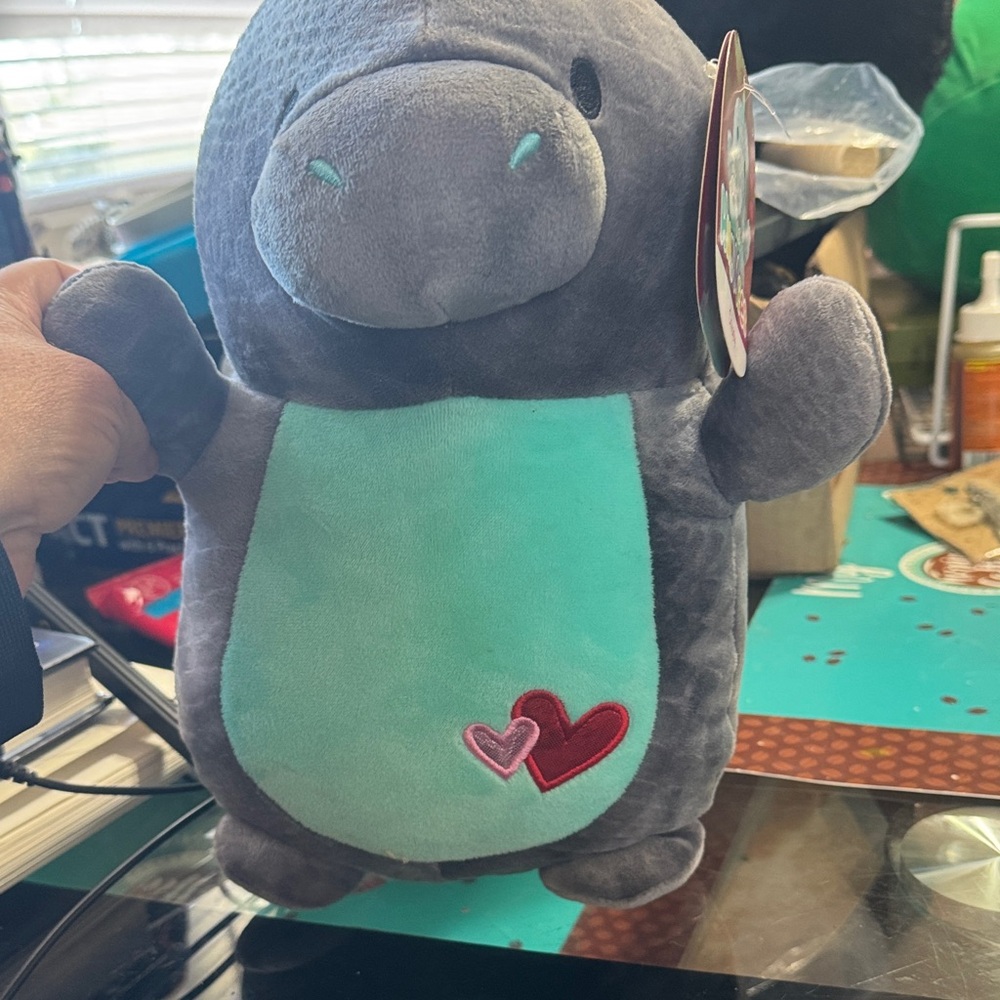 Gray Plush Hippo with Teal Belly and Heart Accent